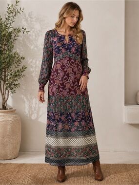 CAbi Floral Maxi Dress Boho Long Sleeve Jewel Tone Modest Fall Dress Size 4